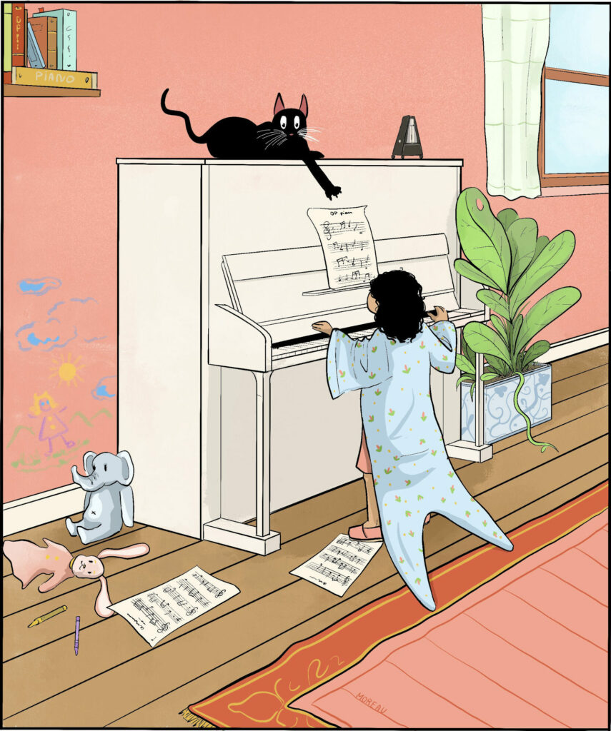 Enfant joue du piano, chat observant.