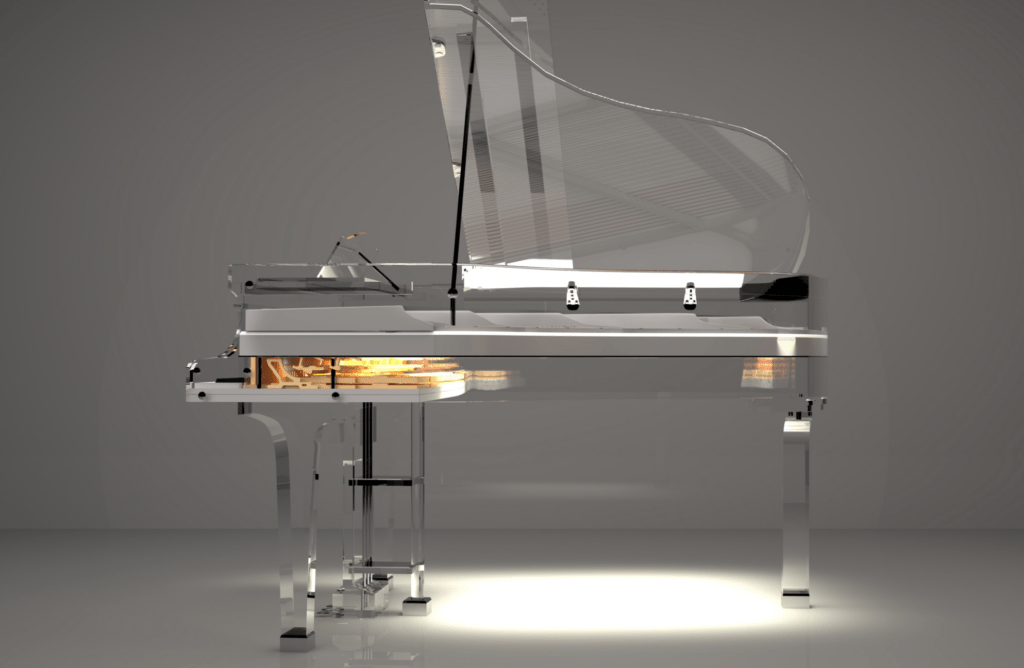 Piano à queue transparent en verre acrylique, design moderne