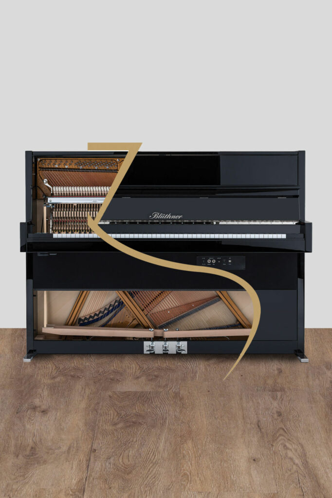 Piano droit Blüthner noir, design graphique