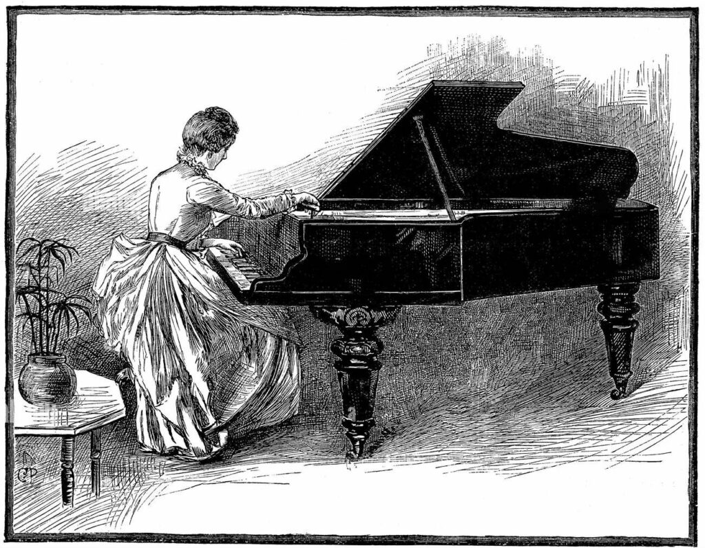 Illustration ancienne : femme réglant un piano à queue