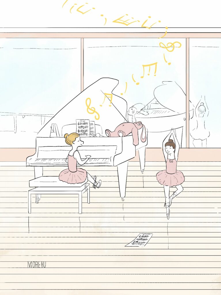 Illustration d'enfants danseuse et pianiste dans un studio de danse