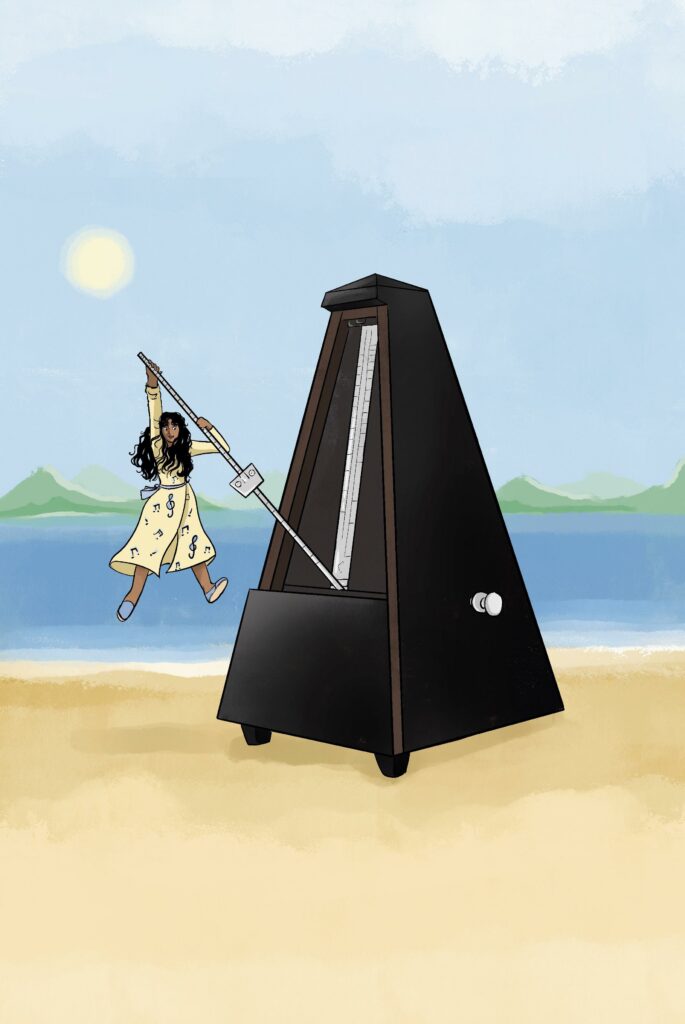 Illustration d'une enfant suspendue à un métronome sur une plage.