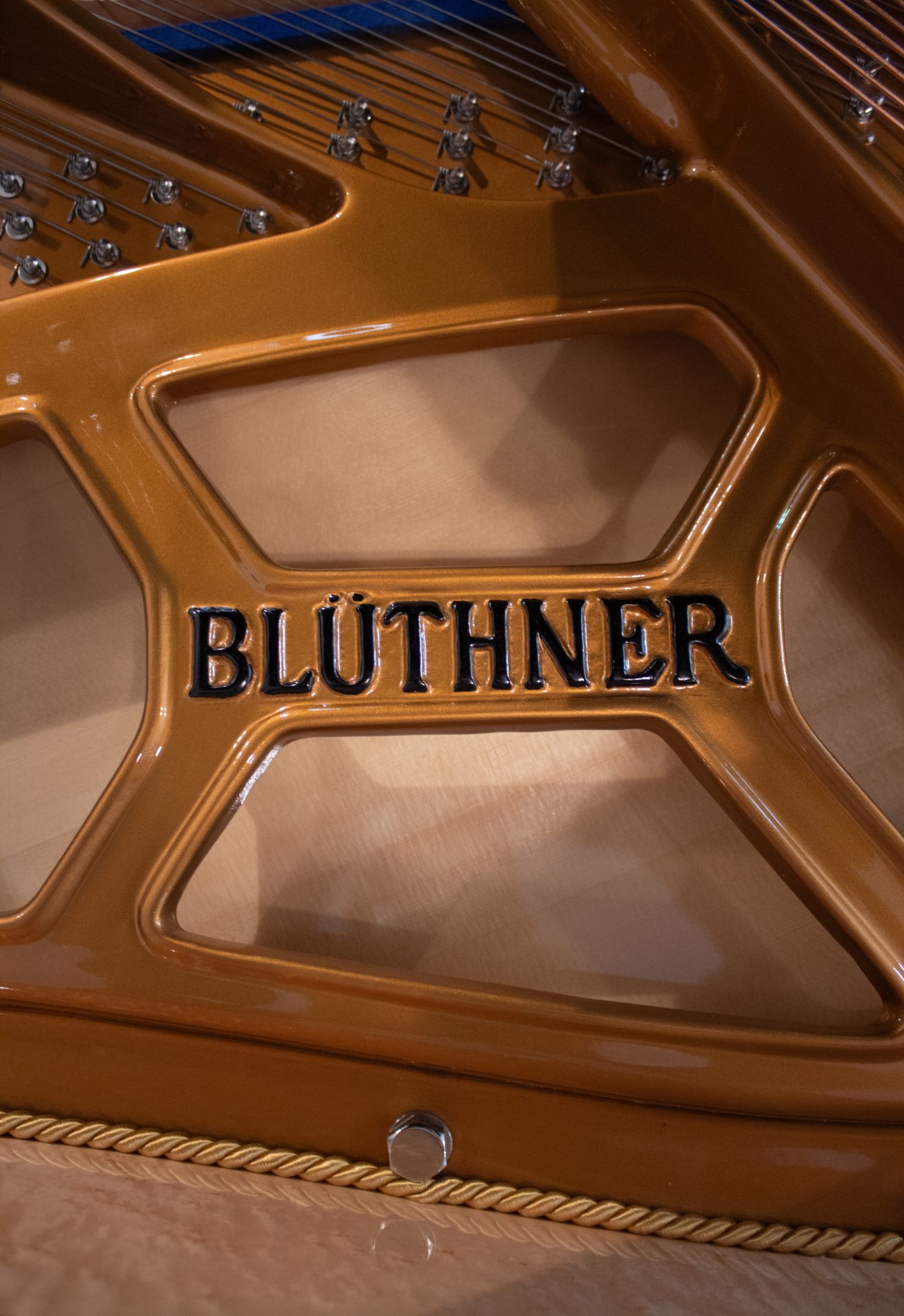 piano bluthner model 10 détail du cadre avec logo intérieur